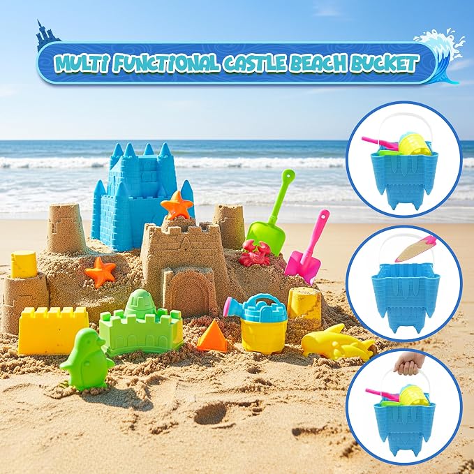 4E's Novelty Beach Toys for Kids with Bag (17 Pcs Set) Castle Beach Bucket with Shovels & Molds Kit - Sand Toys Set for Toddlers with Mesh Beach Bag Backpack, Easter Basket Stuffer