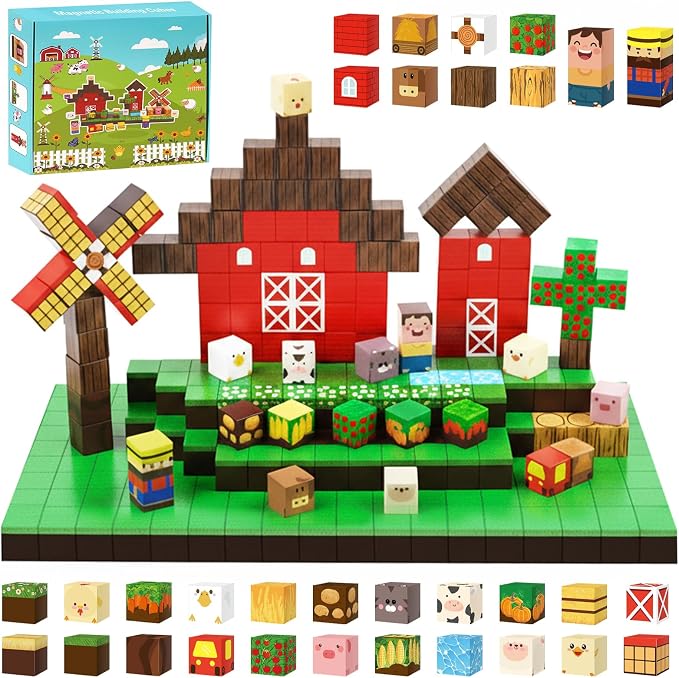 200PCS Large Farm Magnetic Building Blocks, Animals Stacking Magnet Build Cubes Montessori STEM Sensory Educational Game Toys for Kids Boys Girls Christmas Xmas Birthday Gifts