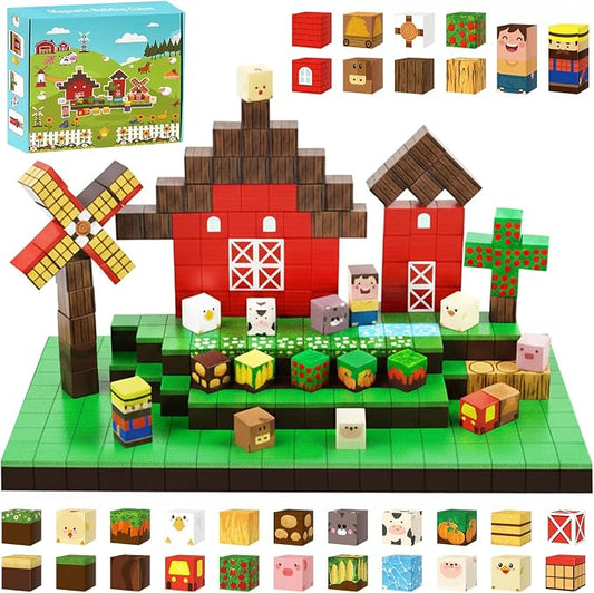 200PCS Large Farm Magnetic Building Blocks, Animals Stacking Magnet Build Cubes Montessori STEM Sensory Educational Game Toys for Kids Boys Girls Christmas Xmas Birthday Gifts
