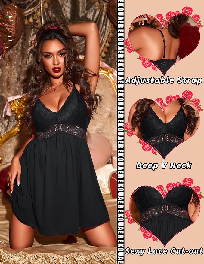 Ekouaer Lingerie for Women Sexy Nightgown Lace Trim Sleep Dress Chemise Nightgowns Sleeveless Night Gown Sleepwear S-3XL