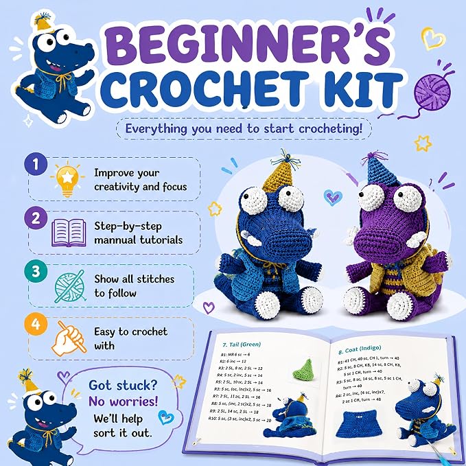 Crochet Kit for Beginners - Easy DIY Crochet & Knitting Starter Set with Soft Cotton Yarn & Step-by-Step Instructions Manual, Learn to Crochet Kits for Adults Beginners Birthday Gifts(Purple+Blue)