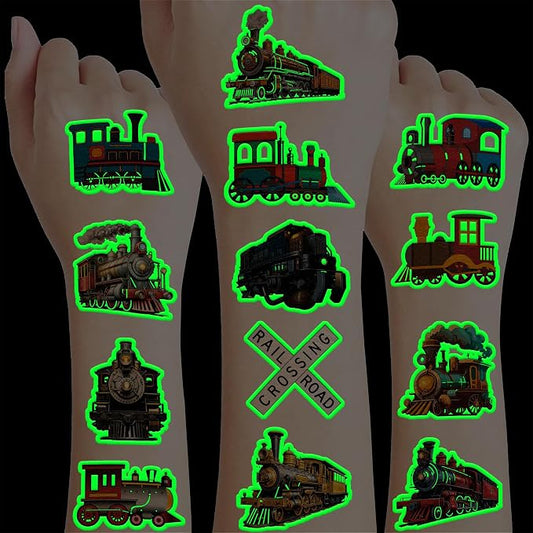96 PCS Vintage Train Pre-Cut Temporary Tattoos Themed Birthday Party Supplies Favors Decorations Decor Steam Trains Railroad Tattoo Stickers Gifts For Boys Girls Class Prizes Carnival (Glow)