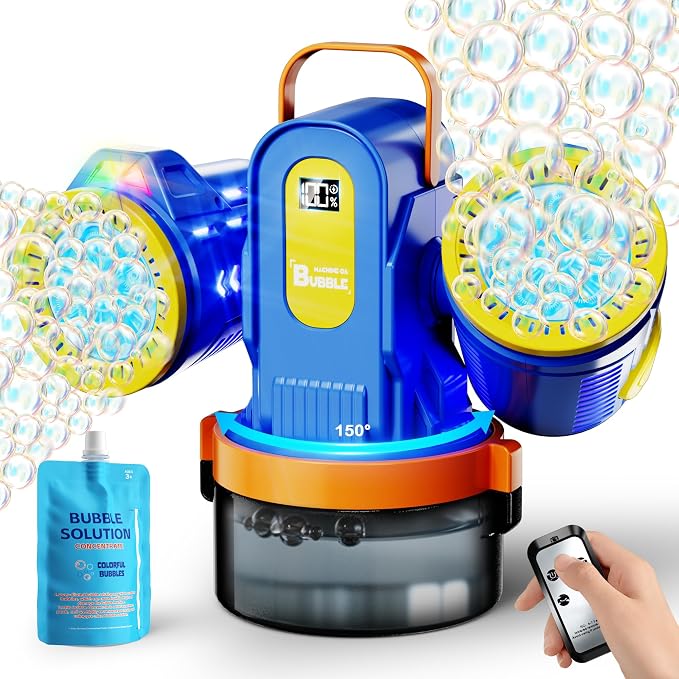 Dual-Engine Bubble Machine with Auto Rotation & RGB Lights & Remote Control,1800mA Type-C Rechargeable,700mL Tank,Bubble Maker for Kids, Party, Wedding, Backyard Outdoor Toy