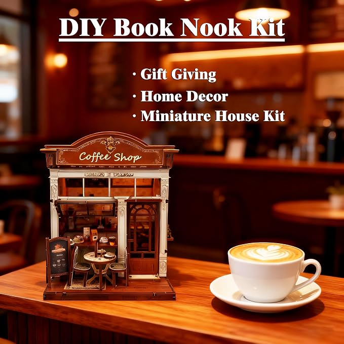 3D Wooden Coffee Shop Book Nook Kit - DIY Miniature Model with LED Lights, 143 Precision-Cut Pieces for Adults & Teens (1:24 Scale, Stress Relief Craft Gift)