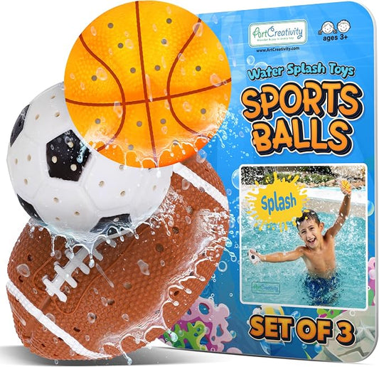 ArtCreativity Sports Balls Water Splash Toys - Set of 3 - Spongy Bath Toys for Kids - 3 Different Athletic Ball Designs Include Football, Basketball, Soccer Ball - Bathtub Toys & Kids Pool Accessories
