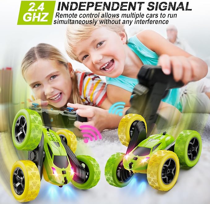 QUNREDA Remote Control Car, RC Car Toys for 6-12 Year Old Boys, Off Road RC Stunt Car 4WD 360° Rotating Remote Control Car for Kids, Boys Girls Gifts for Birthday, Christmas Yellow&Green