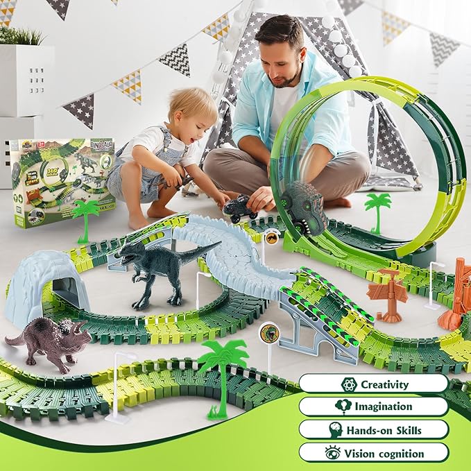 173 PCS Dinosaur Race Tracks for Kids Toys, Glow in The Dark Magic Toy Set with 360° Loop Ramp, 1 Dinosaur Car Track, 2 Realistic Dinosaurs, Flexible DIY Track Set, Gift for Boys Girls Age 3-9