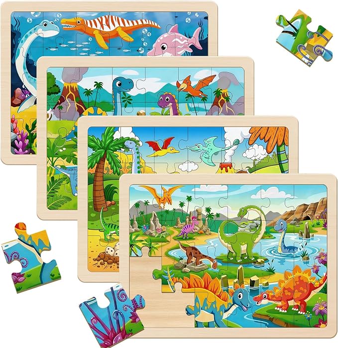 Wooden Puzzles Dinosaur Toys for Kids Ages 4-6, 4 Packs 24 Piece Wooden Jigsaw Puzzles Preschool Educational Brain Teaser Boards Toys Gifts for Boys and Girls 3 4 5 6 Years Old