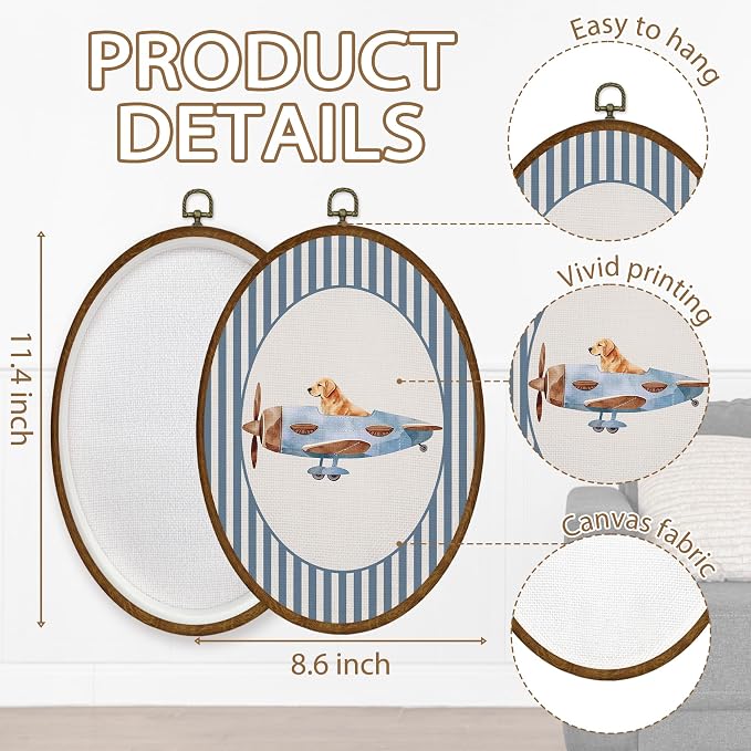 WULQYING Golden Retriever Airplane Nursery Wall Art Decor, Kids Room Oval Framed Canvas Art Prints, Blue Striped Airplane Aviator Dog Wall Hanging Decor for Kids Room Bedroom Playroom, 8.6x11.4 Inches