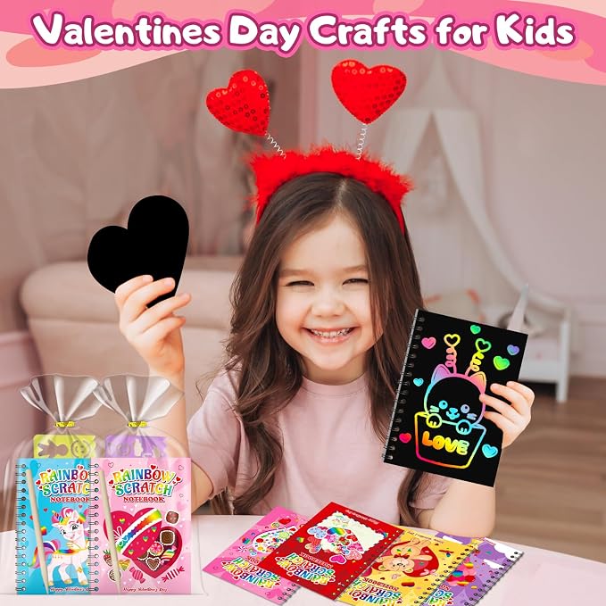 Scratch Art Party Favors for Kids: 24 Pack Valentines Rainbow Scratch Art Notebook Classroom School Party Supplies Bulk for Girls Boys Goodie Bags Stuffers, Valentines Day Gifts for Kids Classroom
