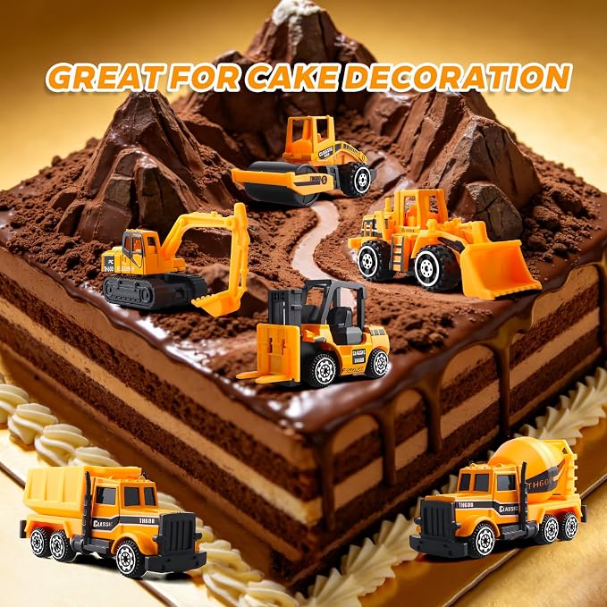 6 Pack Diecast Construction Vehicles Toys - Mini Digger Cake Toppers - Bulldozer Dump Truck Small Toy Car Set for Kids Children Boys Girls - Gifts for 3 4 5 6 7 Year Olds