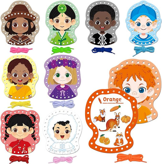 SpriteGru 9 Pieces Happy Face Lacing Cards, 9 Double Sided Color Sewing Cards with 9 Colorful Laces, Educational & Learning Activity Games, Imagination Development Lacing Toys for Preschoolers, Kids