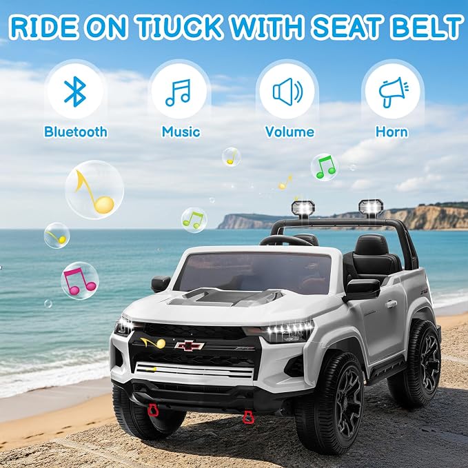 Winado 24V Licensed Chevrolet Colorado Electric Car for Kids, Ride on Toys for Toddlers with Remote Control, 2 Seater Electric Car Ride On Vehicle w/Bluetooth, Soft Start, LED Lights - White
