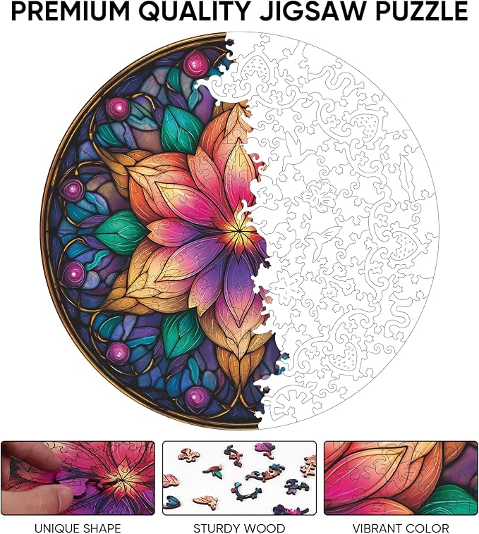 Ixfyloop Wooden Puzzles for Adults, Mandala Puzzle 200 Pieces, Wood Jigsaw Puzzles Unique Shape, Mandala Game Wooden Puzzles for Adults Birthday Gift, 11.2x11.2 inch