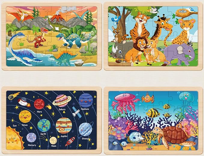 Puzzles for Kids Ages 4-6, 4 Packs 24 Piece Wooden Jigsaw Puzzles for Toddlers 3-5 Preschool Educational Puzzles Boards Toys Gifts for 3 4 5 6 Boys Girls