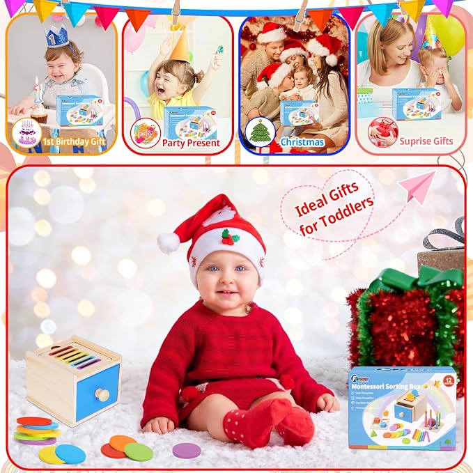 FCSONU Toddler Montessori Toys for 1 2 3 Year Old, 3in1 Shape Sorter For Toddlers 1-3 Fine Motor Skills Toys, Drawer Coin Box Color Sorting Toys Sensory Toys, Christmas Birthday Gifts for Boy Girl Kid