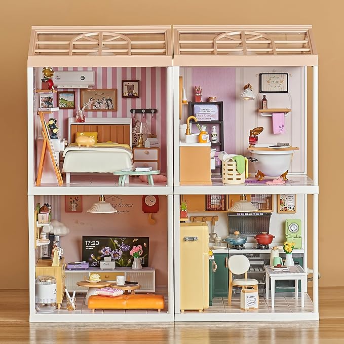 DIY Miniature Bedroom Kit – 82Pcs Cozy Dollhouse Room with LED Light & Blister Packaging, Connectable Model for Kids 8+ & Teens