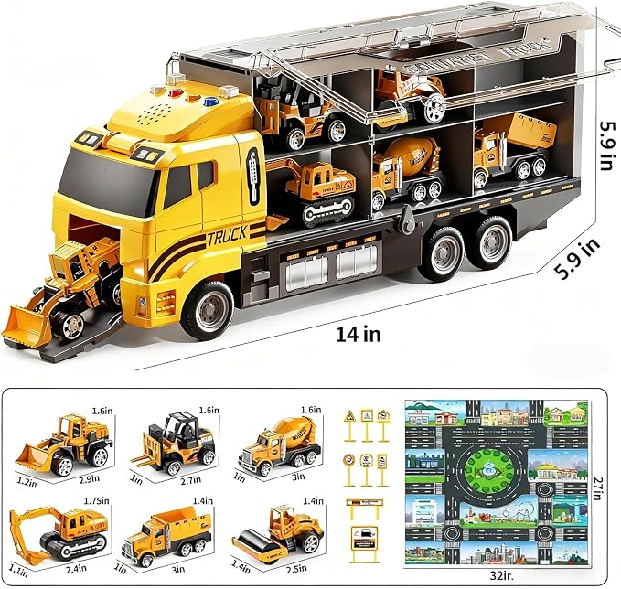 3-5 Year Old Boys Construction Truck Toy Set,6 Die-Cast Mini Toy Cars with Play Mat, Light & Sound Features, Easy Storage,Indoor & Outdoor Play Toys, Birthday Gifts for Boys Girls Kids Ages 3‑8