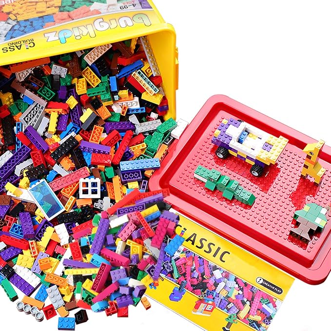 burgkidz Building Blocks Set with Storage Box and Lid Baseplate: 568 Pieces Classic Bricks Compatible with Major Brands, Wheels Doors Windows, STEM Toy for Toddlers Age 3+, Gift for Boys Girls