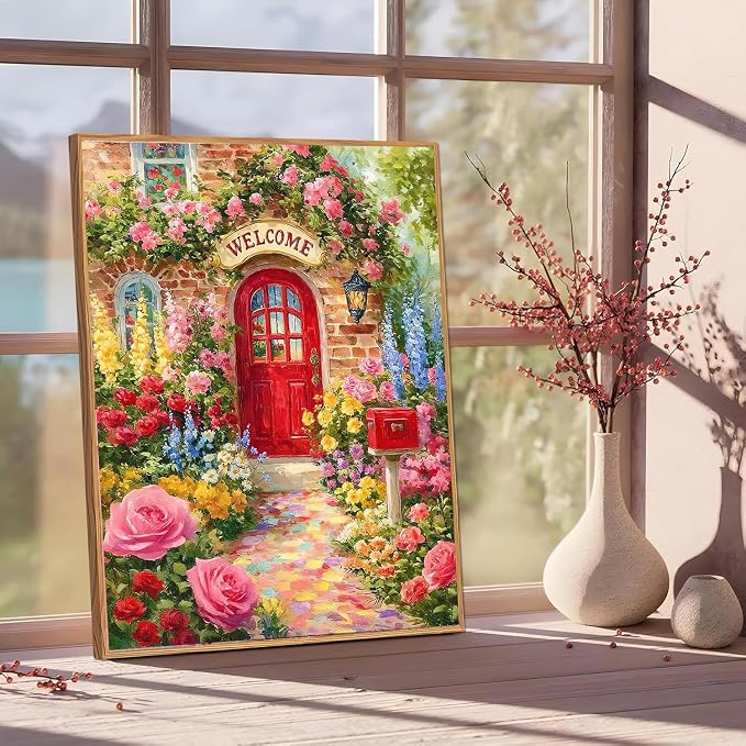 Paint by Numbers for Adults and Kids Beginner, Welcome Spring Flower Painting by Number Kits On Canvas, Number Artist Paint by Number Kit DIY Oil Painting Acrylic Paints, Home Wall Decor Gift 12X16 in