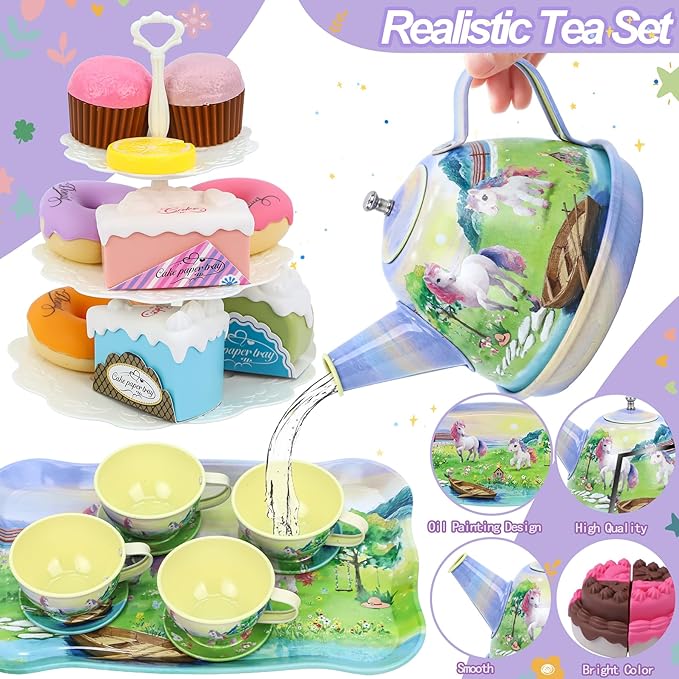 Tea Party Set for Toddlers 3-5, 50PCS Horse Tin Tea Sets for Little Girls with Metal Teapot, Cake Stand, Desserts & Carrying Case, Kids Kitchen Pretend Play Birthday Gift for Girls Age 3 4 5 6 7 8