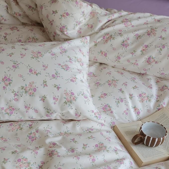 LifeTB Vintage Garden Floral Comforter Set Queen Cute Pink Floral Bedding Comforter for Queen Bed Reversible Botanical Flowers Comforter with 2 Pillowcases Girls Cottagecore Bedding Comforter Set