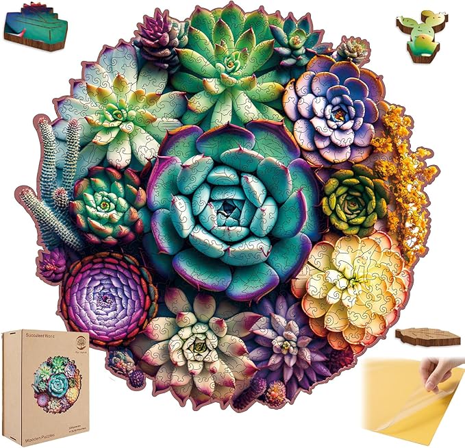 Mys Aurora Wooden Jigsaw Puzzles - Mandala Succulent Plants, 200 Piece Luxurious Shaped Wooden Puzzles for Adults and Kids, Family Game, Medium 11.3'' x 10.9''