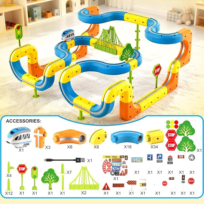 VEAIS Electric Train Set for Kids, 118Pcs 3D Flexible Race Track Sets, Gravity-Defying Motorized Car for Toddlers,Montessori STEM Train Tracks Toys,Birthday Gifts for Kids Boys Girls Age 3 4 5 6 7 8+