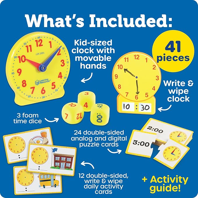 Learning Resources Time Activity Set - Kids Learning Clock, Classroom Clocks for Students, Telling Time Teaching Clock, Analog Clocks for Kids, Teaching Classroom Supplies