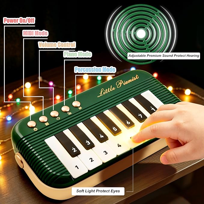 Mini-Piano-Keyboard for Toddlers Piano Toy Portable Pocket Piano with Light Up丨Musical Keyboard Electronic Instrument Learning Keyboards Toys Gifts for 3 4 5 6 Years Old Boys Girls (Green)