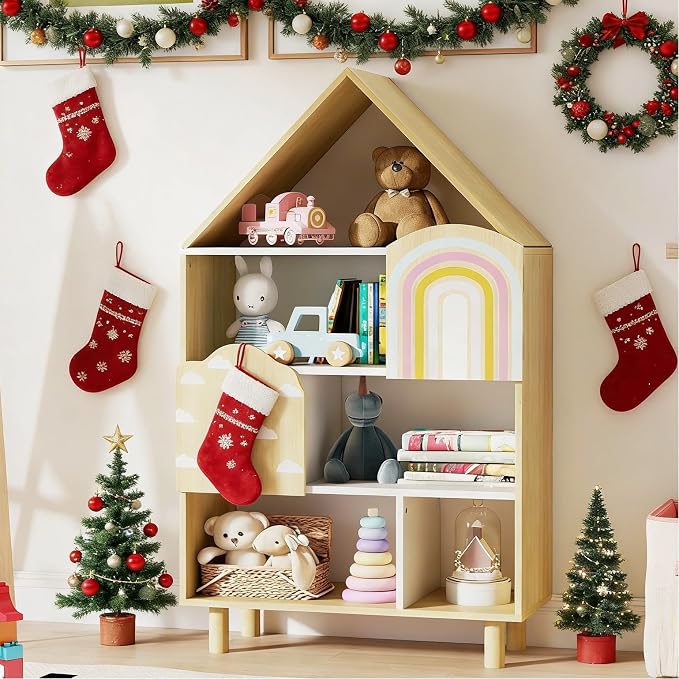 Costzon Kids Dollhouse Bookshelf w/ 2 Doors, Wooden Toy Storage Organizer w/Anti-toppling Devices & Solid Wood Legs, House-Shaped Toddler Bookshelf for Kids Room, Playroom, Nursery, Bedroom, Natural
