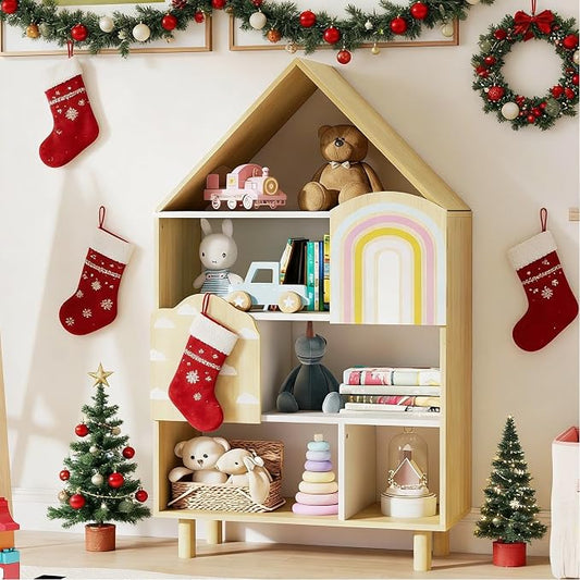 Costzon Kids Dollhouse Bookshelf w/ 2 Doors, Wooden Toy Storage Organizer w/Anti-toppling Devices & Solid Wood Legs, House-Shaped Toddler Bookshelf for Kids Room, Playroom, Nursery, Bedroom, Natural