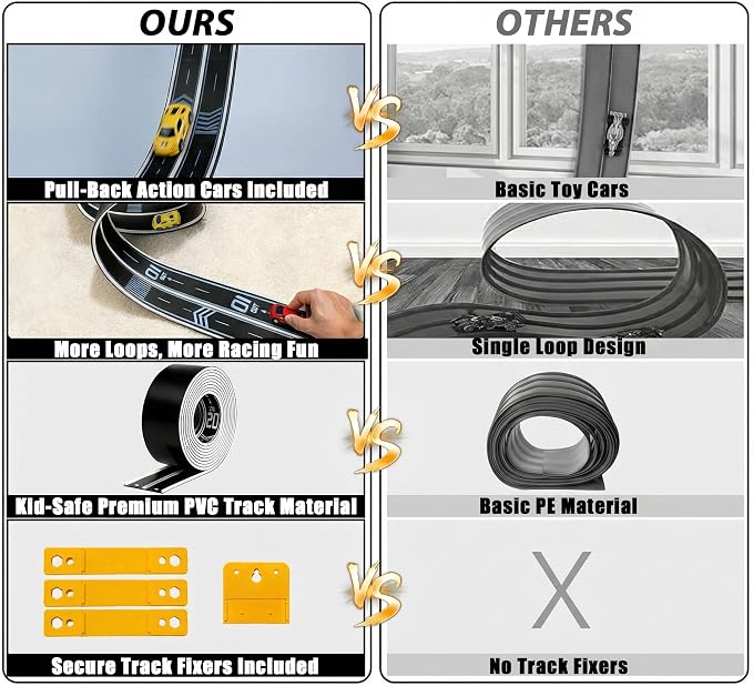16.4Ft Flexible Race Track for Kids Ages 3+, Patterned Dual-Lane Roll Up Race Track Set with 4 Toy Cars & Suction Cups, Compatible with 1/64 Diecast Cars, Portable DIY Racing Toy (Black)