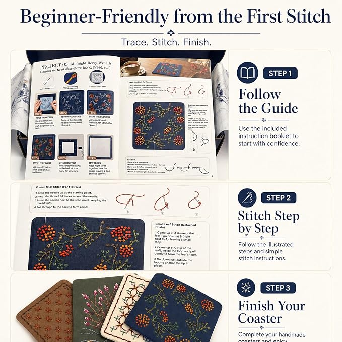 TMEGMIC Sashiko Embroidery Kit for Beginners, DIY Hand Stitching Coaster Making Craft Kit, Makes 10 Pcs in 4 Patterns (DIY Material Kit Only)