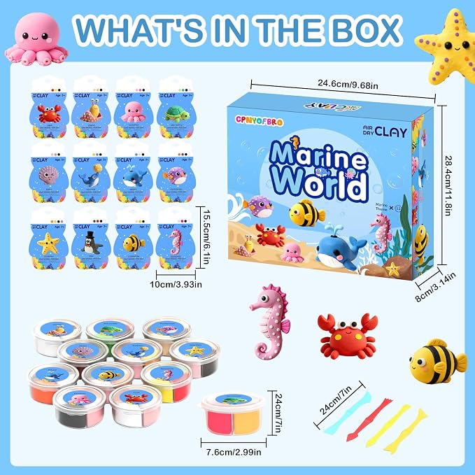 Air Dry Clay Kit - 12 Marine Animal Modeling Clay for Kids, Complete DIY Clay Craft Set with Sculpting Tools & Step-by-Step Tutorials, Ultra Soft & Non-Sticky Clay, Children's Day Gift Ideas
