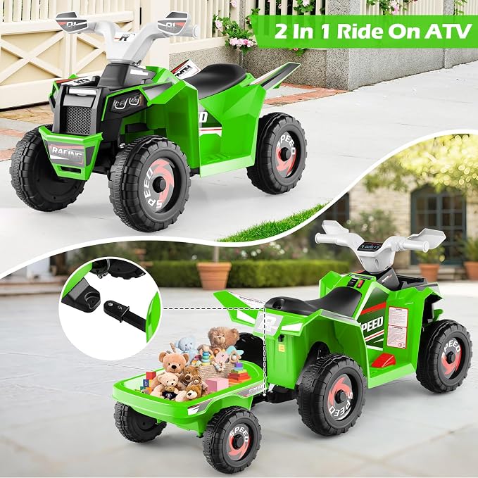 OLAKIDS 6V Kids ATV with Removable Trailer, Forward Backward Function, Widened & Wear-Resistant Wheels, Ride On Toy for Toddlers (Green)