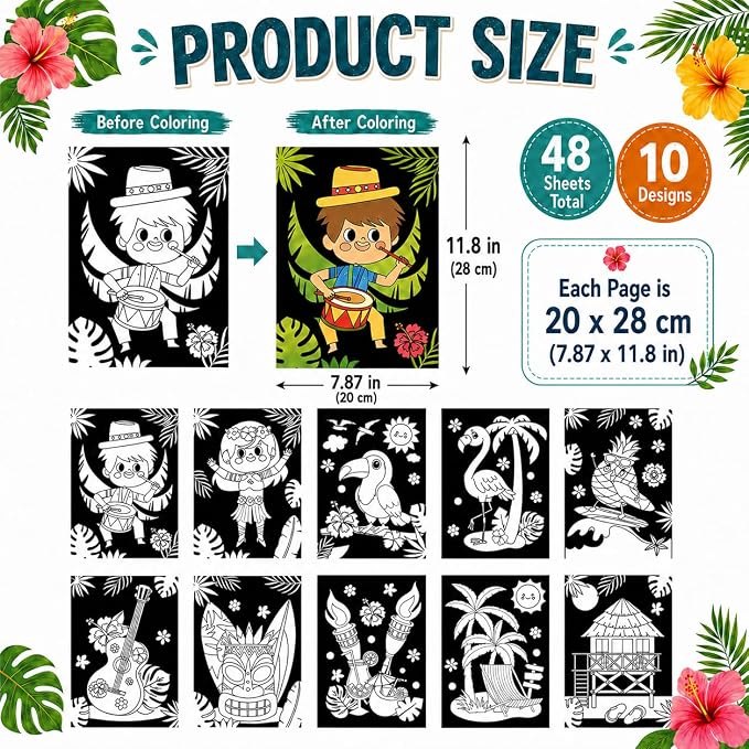 Cinrobiye 48 Pcs Hawaiian Velvet Coloring Posters Tropical Luau Fuzzy Felt Coloring Pages Bulk Craft Kit Flamingo Pineapple Tiki Ocean Party Supplies Aloha Beach Classroom Living Art Activity Set