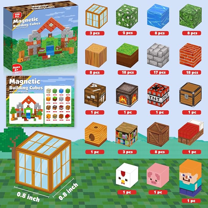 Annexfun Magnetic Blocks-100PCS Grassland Building Blocks Set, Kids Classroom Sensory Toy, STEM Learning, Construction Stacking Toy for Kids 3+ Boys & Girls Easter Christmas Birthday Gifts
