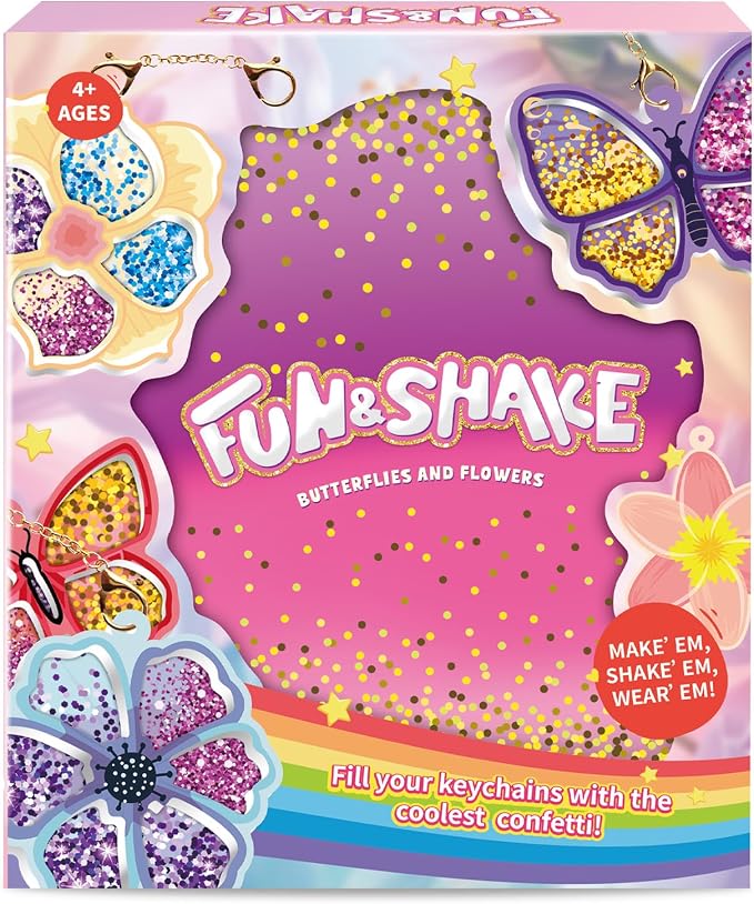 Artnedu Shake-its– Fun&Shake Kit de artesanato com Glitter para crianças, artes e artesanato DIY com chaveiros,Flowers & Butterflies,Creative Gift for Girls & Boys Ages 4, 5, 6, 7, 8, 9, 10
