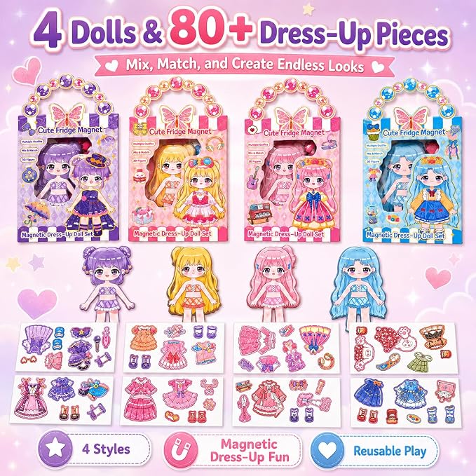 Magnetic Dress Up Dolls for Girls, 87PCS Princess Magnet Dolls with Foil Art & DIY Accessories, Airplane Car Road Trip Activity Set, Pretend Play Set Birthday Gift for Toddlers Kids Ages 3 4 5 6 7 8