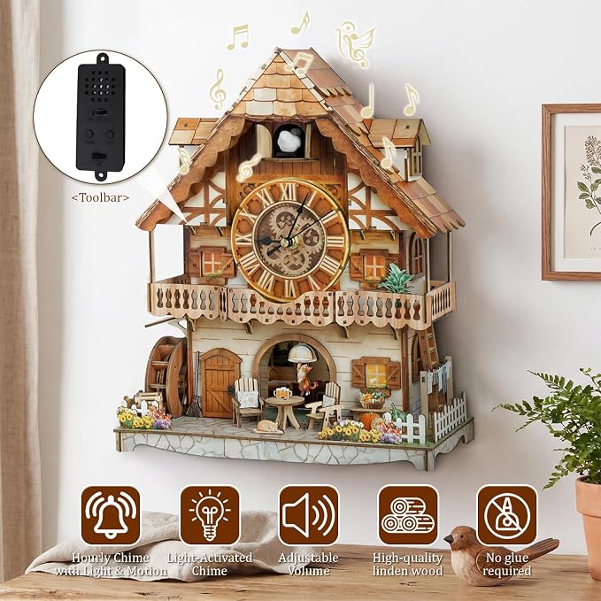DIY Cuckoo Clock 3D Wooden Puzzle for Adults- German Pastoral Cottage Model Kit with Real Bird Call, 170PCS Miniature Dollhouse Wall Clock Home Decor, Unique Father's Day & Graduation Gifts