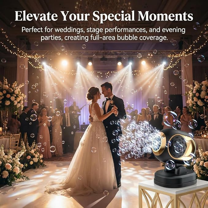 KYWYOYOU Rotating Bubble Machine with Lights, Rechargeable Automatic Maker | Adjustable angle blower for kids, parties, outdoor weddings, and birthdays. Includes 10 concentrated liquid solution refills.