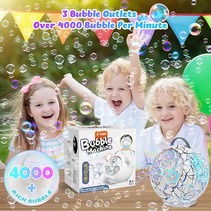 Bubble Machine for Kids 3+-45°/360° Rotating Bubble Blower with RGB LED Light,30000+ Bubbles Per Minute,Automatic Portable Bubble Maker for Boys Girls,Outdoor Party Easter Birthday Gifts (White Crack)