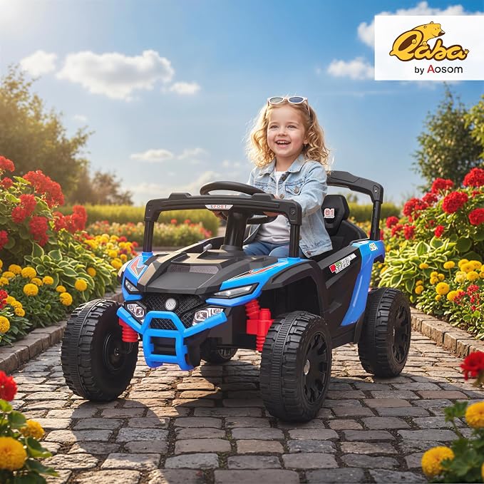 Qaba 12V Kids Ride On Car Truck, Battery Powered Electric UTV Vehicle with Rear Suspension, Remote Control, LED Lights, Music, Horn, Speed Up to 3.1 mph, for 3-5 Years Boys Girls, Blue