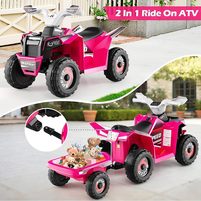 OLAKIDS 6V Kids ATV with Removable Trailer, Forward Backward Function, Widened & Wear-Resistant Wheels, Ride On Toy for Toddlers (Pink)