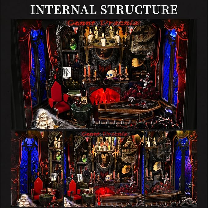 Book Nook Kit-3D Wooden Puzzle with LED Switch Control & Wall-Mountable Frame,DIY Miniature House for Beginners,Bookshelf/Tabletop/Wall Decor for Craft Lovers,Dollhouse Gift,Count Dracula
