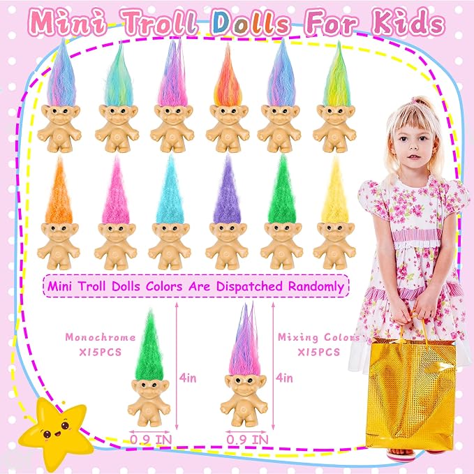 30 Pcs Long-Haired Lucky Mini Troll Dolls - 4" Vintage Style Action Figures (0.8" Body) with Colorful Hair. Small Toys for Kids Goodie Bag Fillers, Classroom Prizes, Pinata Stuffers & Cake Toppers