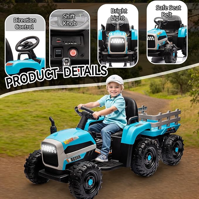 24V Ride on Tractor with Trailer, 400W Electric Car for Kids, Toddler Ride On Toy W/Remote Control, 3 Speed Adjustable, MP3, Bluetooth, LED Light, Blue
