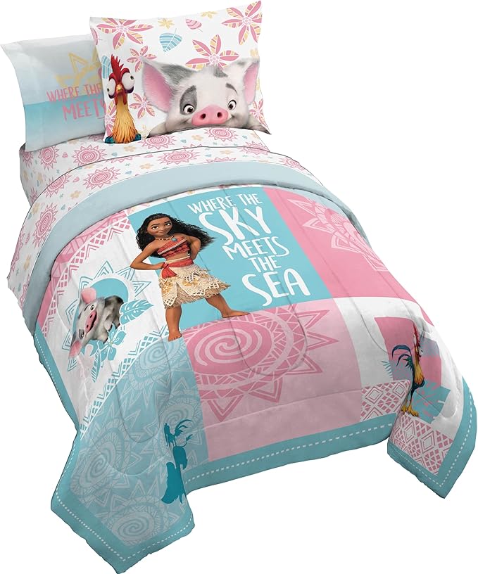 Jay Franco Disney Moana Twin Comforter Set - 5 Piece Girls Bed in a Bag Includes Sheet Set & Pillow Covers Features Pua and HEI HEI - Super Soft Fade Resistant Microfiber Kids Bedding