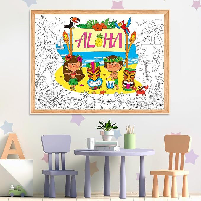 ZOIIWA Hawaiian Aloha Giant Coloring Poster Large Summer Coloring Sheet Big Luau Tropical Table Cloth Jumbo Books Page for Home Craft Activity Game Birthday Party Decoration Supplies 31.5 x 43.3 Inch